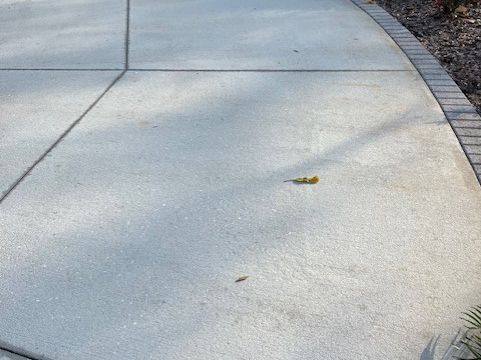 The same curved concrete walkway after cleaning, an even light gray