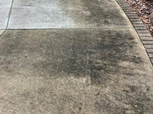 Curved concrete walkway with brick edging, dark and stained across the lower half