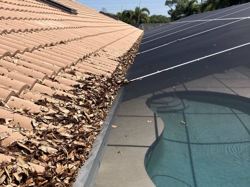 Clay tile roof edge and gutter packed with dead brown leaves next to a screened pool enclosure, before cleaning